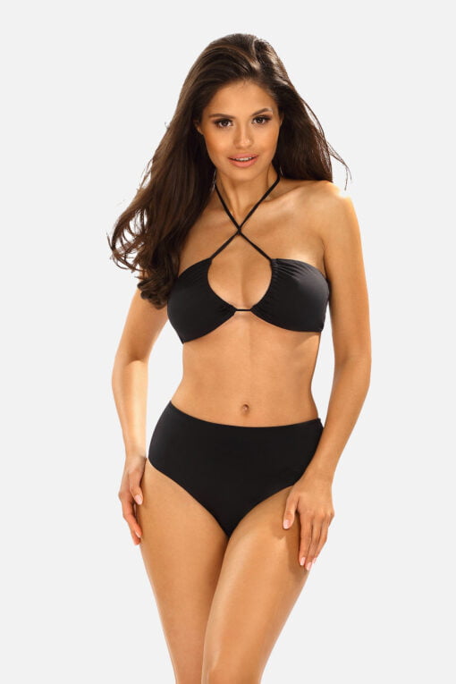 Swimsuit made of opaque fabric. The bodice ties at the front and back. The lower part is tied at the side.