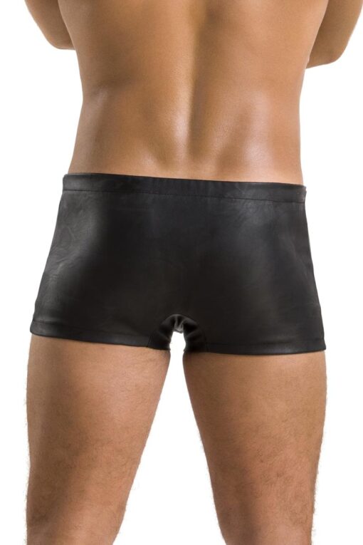 Men's shorts made of matte synthetic leather. Complete opening via side metal buttons. Integrated elastic band in the upper hem.