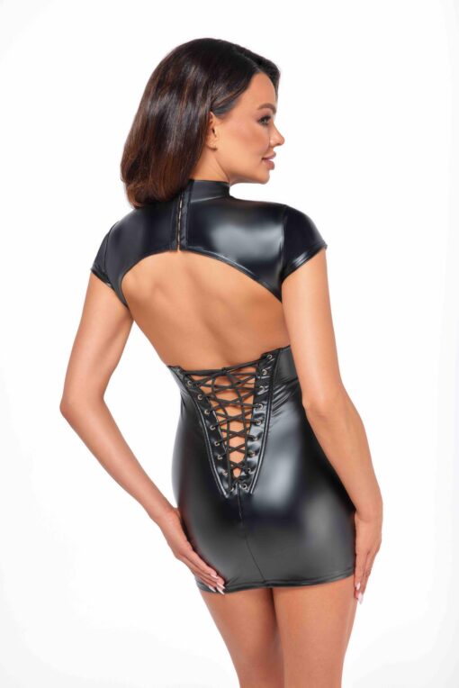 Backless mini dress made of stretchy wetlook material