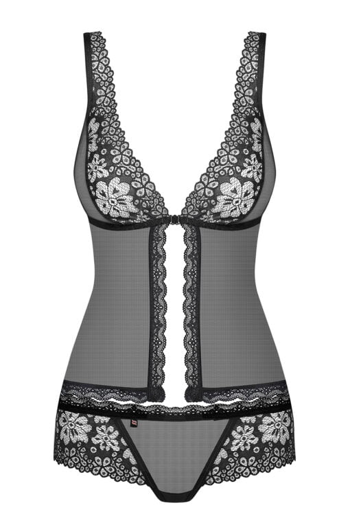 fine mesh material and lace. The straps crossed on the back are adjustable. Panty included. Hook closure on the front.