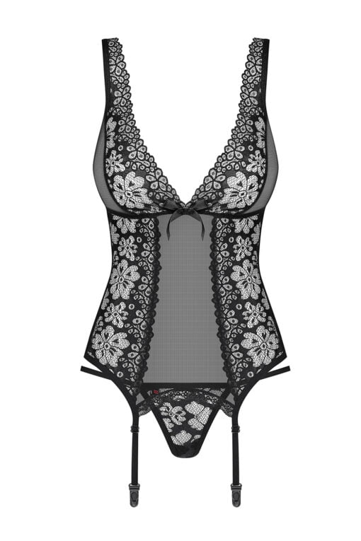 fine mesh material and lace. The straps and suspenders are adjustable. Including thong.