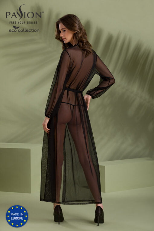 Dressing gown made of fine mesh material and lace. With a belt and long sleeves.