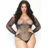Leg Avenue Crystalized Black Fishnet Bodystocking 1X-2X, Long Sleeve