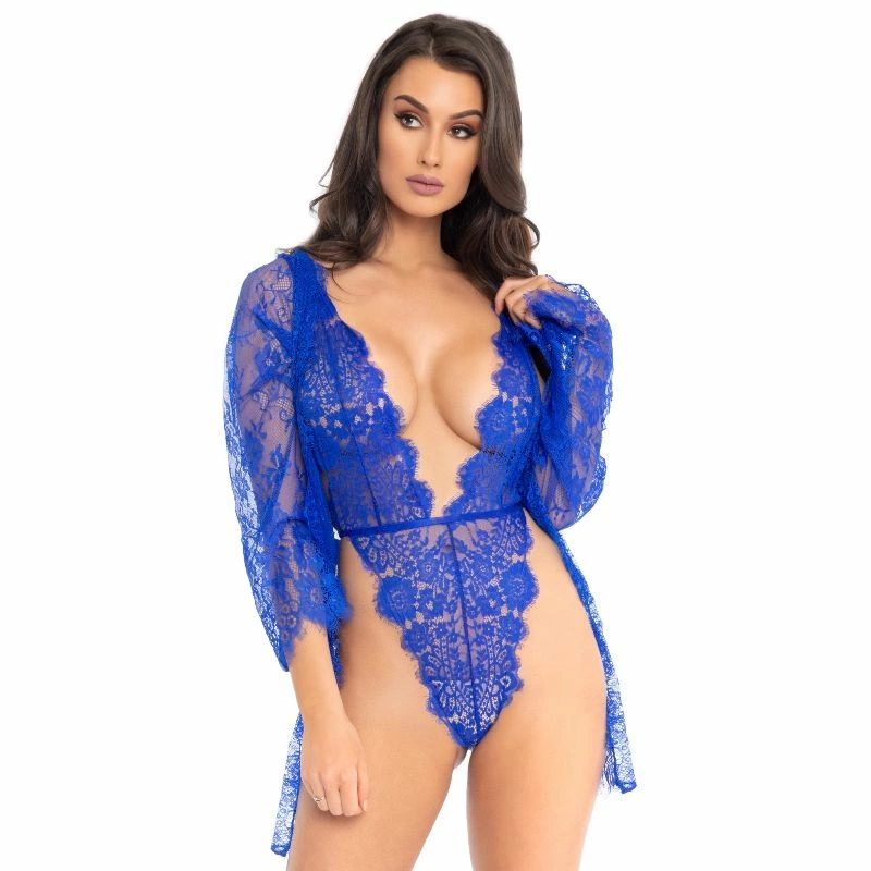 Leg Avenue Blue Lace Teddy & Robe Set with Satin Tie - Boutique Anelma