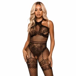 Leg Avenue Bodystocking Black One Size - Industrial Net & Lace Detail
