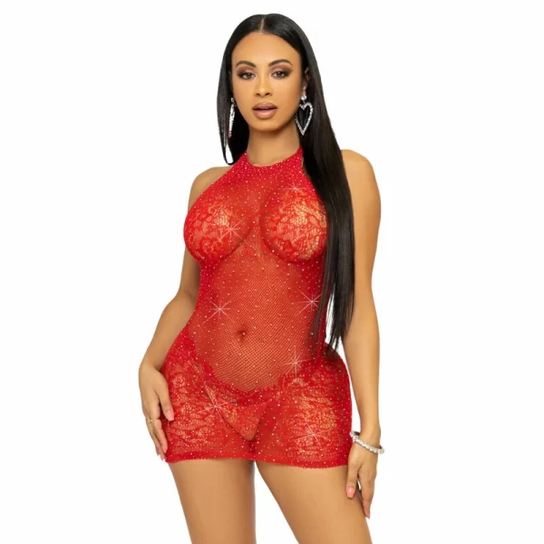 Leg Avenue Red Rhinestone Lace Halter Mini Dress One Size