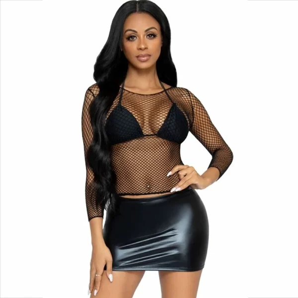 Leg Avenue Mesh Long Sleeve Top Black - Stretch Nylon, One Size