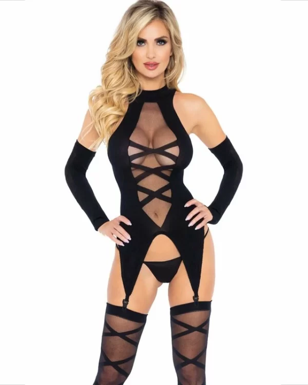 Leg Avenue 3-Piece Set: Bodysuit, Stockings & Sleeves, Black, One Size