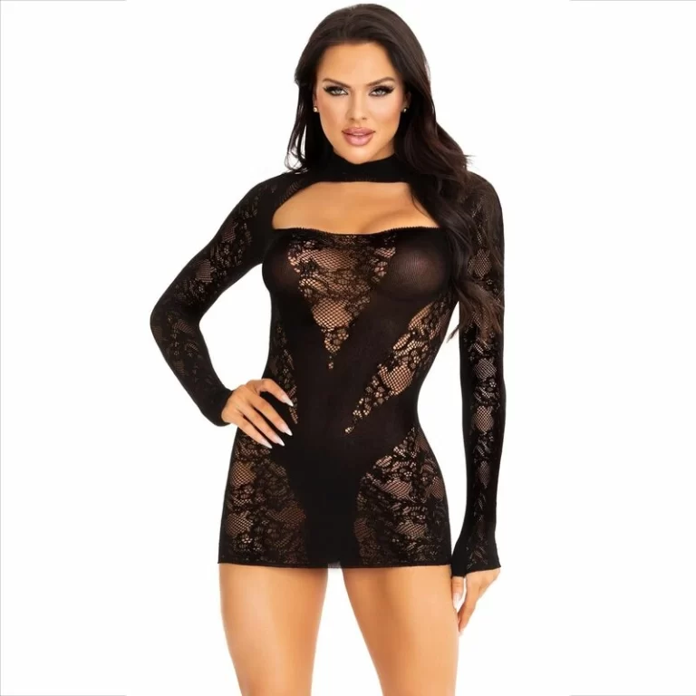 Leg Avenue Mini Dress Lace Long Sleeve Black - Elegant One Size Design