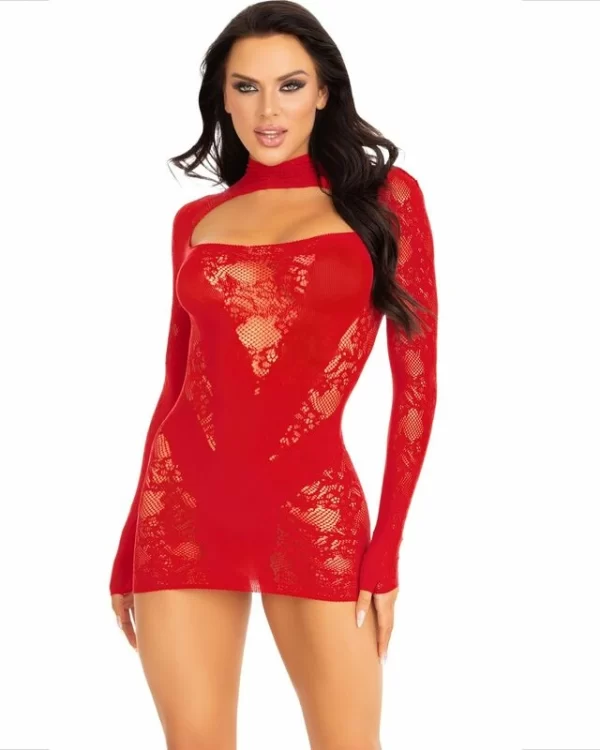 Leg Avenue Mini Dress Red - Lace Long Sleeve, One Size