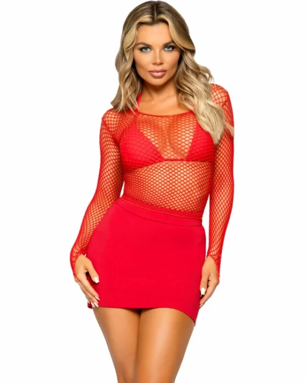 Leg Avenue Fishnet Mesh Long Sleeve Top Red - Stretch Comfort, One Size