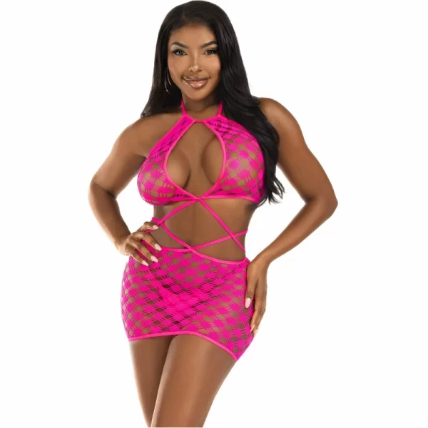 Leg Avenue Fuchsia Mesh Mini Dress with Cut-Out Accents One Size