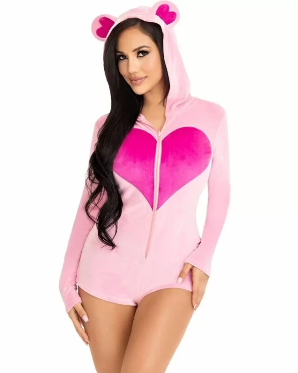 Leg Avenue Velvet Teddy Bear Bodysuit Pink M - Soft Zip-Up Costume