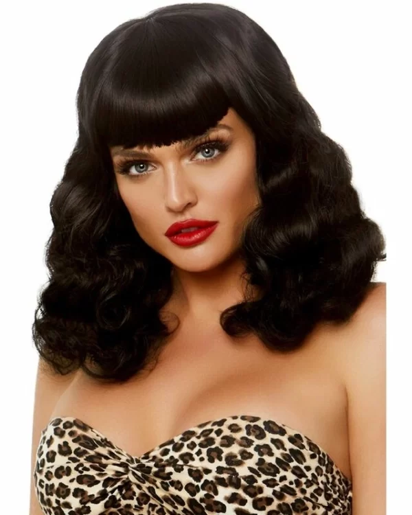 Leg Avenue Curly Retro Wig with Bangs UV-Active Black Adjustable