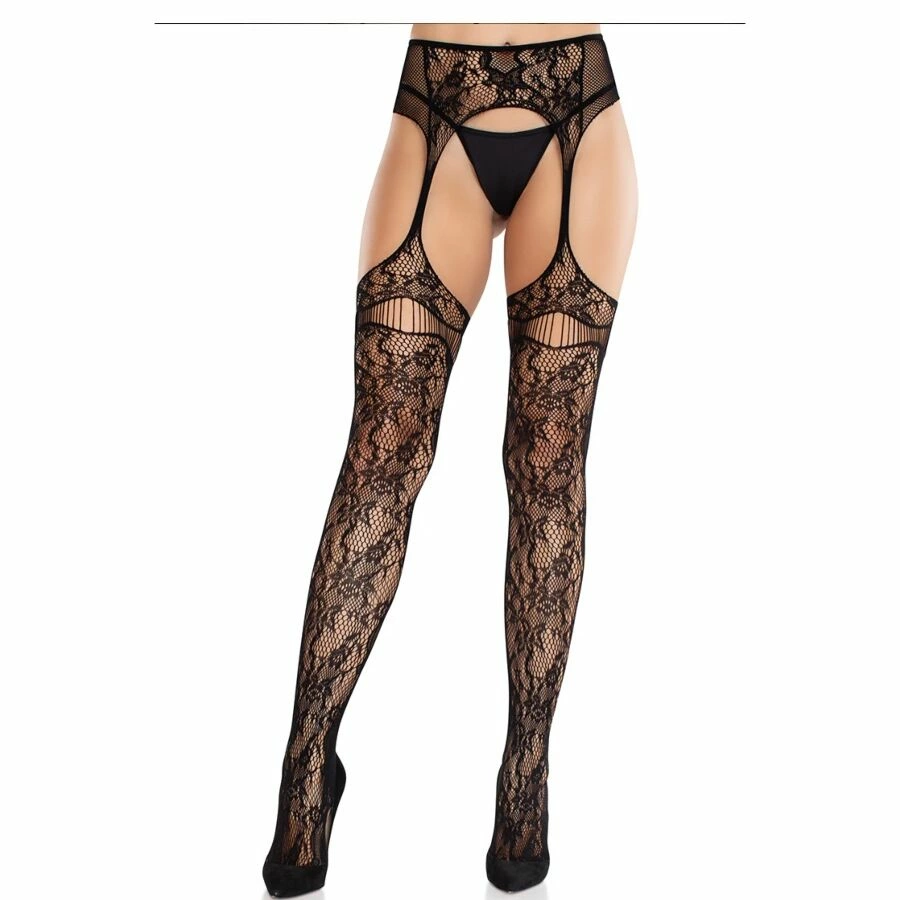 Leg Avenue Lace Fishnet Stockings with Integrated Garters Black One Size - Boutique Anelma