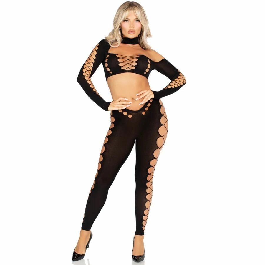 Leg Avenue Seamless Black Crop Top & Leggings Cut-Out Set - Boutique Anelma