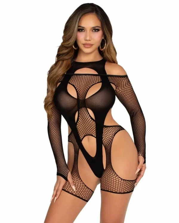 Leg Avenue Fishnet Bodystocking with Garter Belt & Harness Black One Size