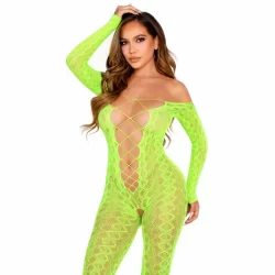 Leg Avenue Bodystocking Exotic Snake Lace Neon Green - Stretchy Design