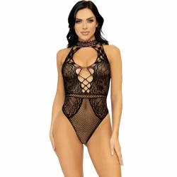 Leg Avenue Keyhole Halter Bodysuit Net & Lace One Size Black