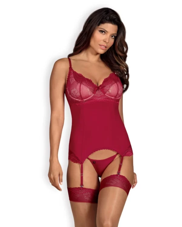 Obsessive Rosalyne Red Corset & Thong Set S/M Adjustable Lace Design