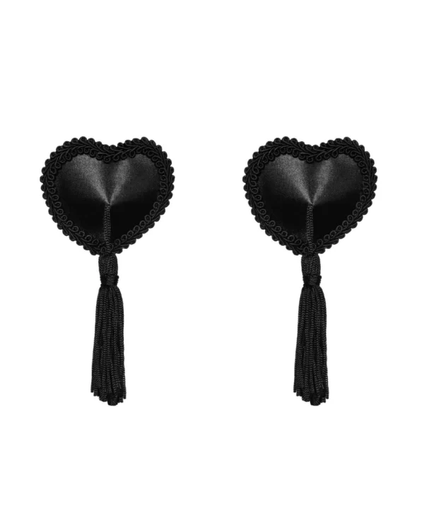 Obsessive Tassel Heart Pasties Black Satin 6cm - Reusable Covers