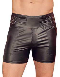 NEK Men's High-Waist Matte Black Shorts with Buckle Straps, Size S