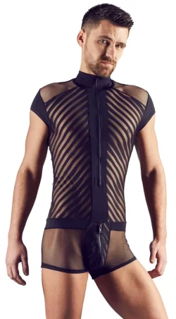NEK Menâ€™s Playsuit S Black Mesh Striped Design with Front Zipper