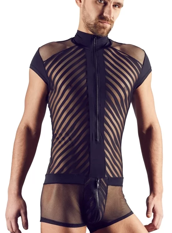 NEK Menâ€™s Playsuit S Black Mesh Striped Design with Front Zipper