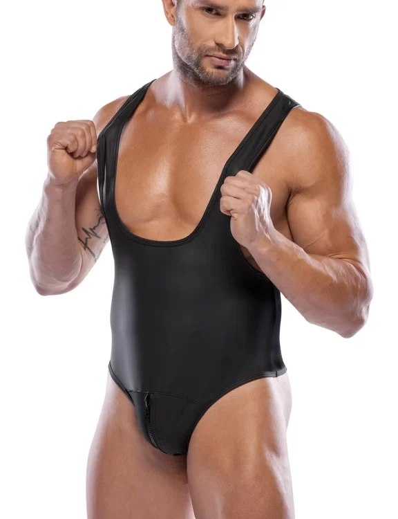 Svenjoyment Men's Bodysuit S Black Matte Wrestler Style Zippered Front