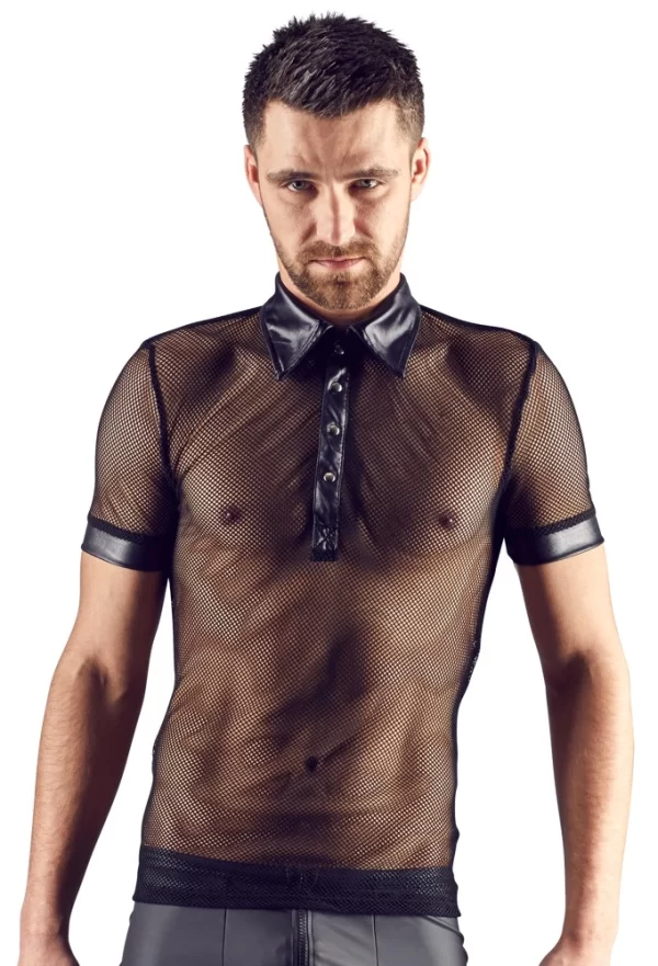 NEK Men's Polo Shirt S Wet Look & Mesh Black 100% Polyester
