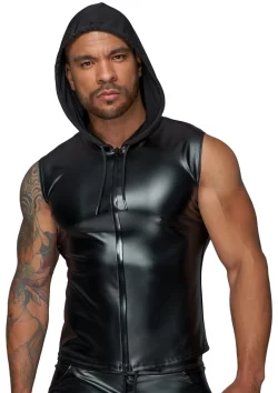 Noir Handmade Hoodie M Black Powerwetlook Sleeveless Top with Hood