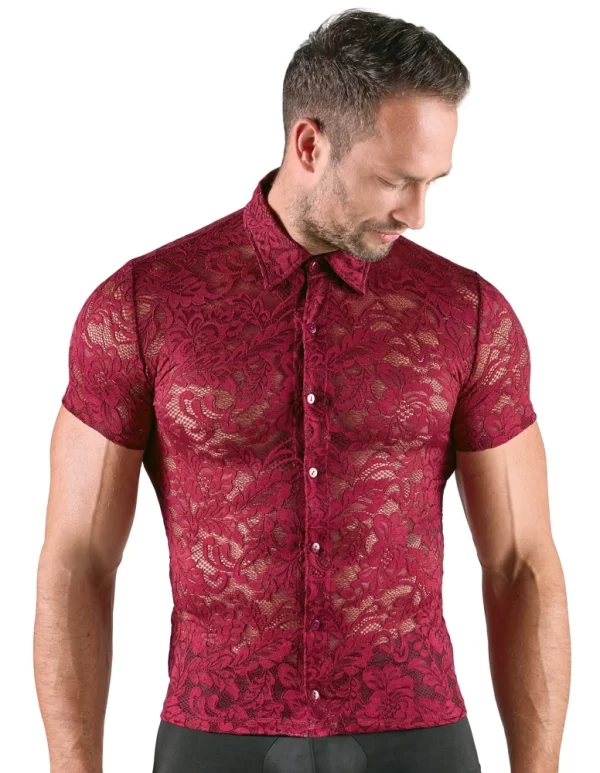 Svenjoyment Shirt Model S Dark Red Floral Lace, Short Sleeve, Stretch Fit
