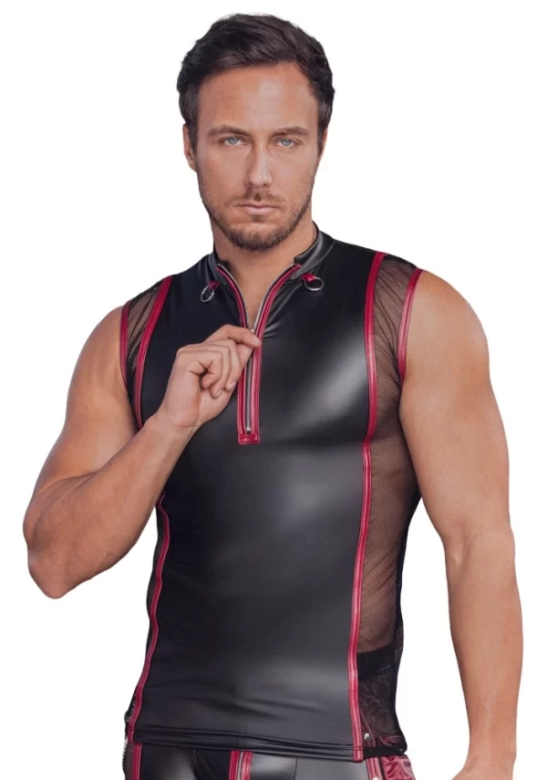 NEK Sleeveless Matte Shirt S Black-Red with Mesh and Zip Detail