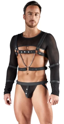 Svenjoyment Bondage Set S - Black Powernet Top, Harness & Jock with Restraints