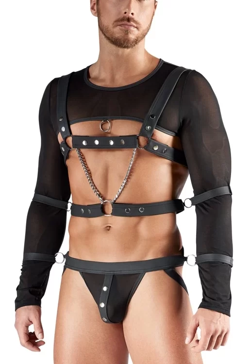 Svenjoyment Bondage Set S - Black Powernet Top, Harness & Jock with Restraints