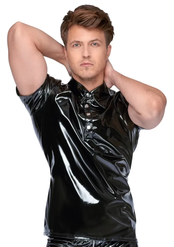 Black Level Vinyl Polo Shirt S - Shiny Black, Slim Fit, Press Studs