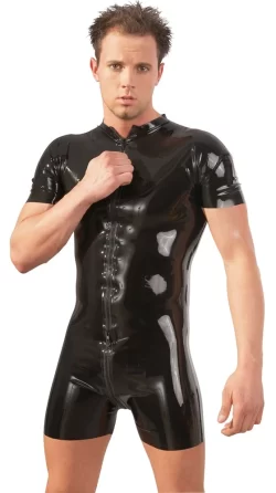 LateX Men's Latex Playsuit S Black 0.4mm with 3-Way Zipper