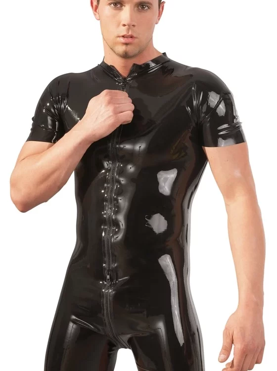LateX Men's Latex Playsuit S Black 0.4mm with 3-Way Zipper