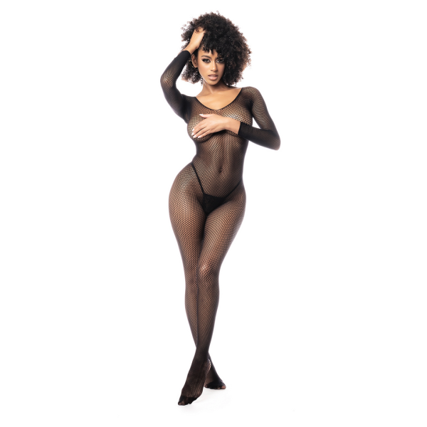 Alternative view of Long Sleeved Fishnet Bodystocking - One Size - Black