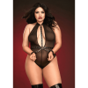 Stretch mesh with faux leatherMetal rings and studsRemovable wrist restraintsHigh-neck designDeep-V neck/