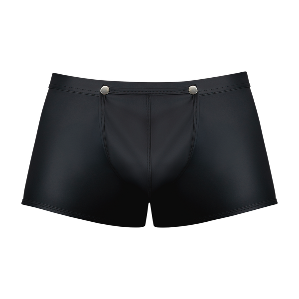 Snap off short features a tearaway pouchLow rise waistHigh cut legsFull coverageNickle-plated snaps/
