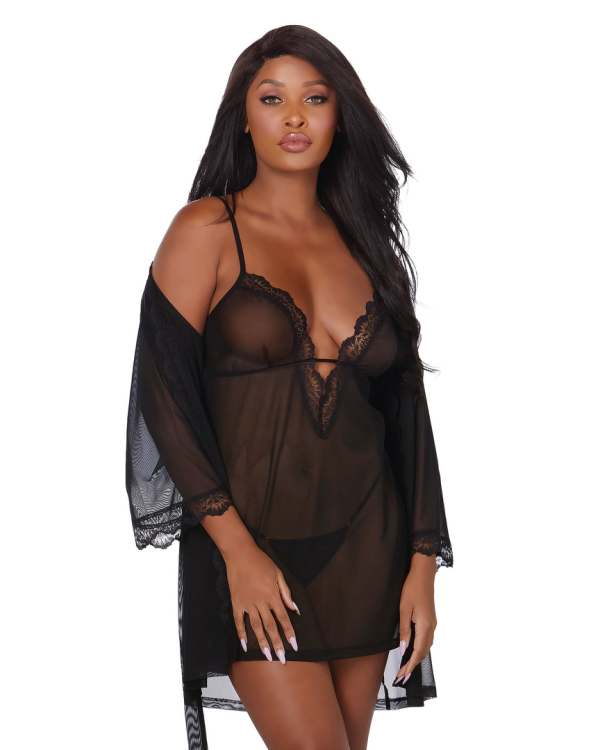 Stretch Mesh Chemise and Robe Set - S