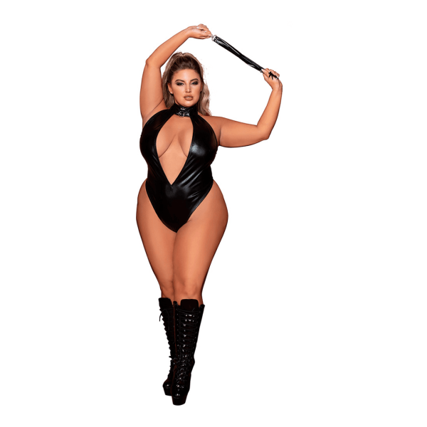 Stretch faux-leather halter teddy with studded collar and removable flogger accessoryCollar with silver stud and ring details and Velcro-back neck closurePlunging neckline/