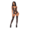 Underwire ups with adjustable shoulder straps and hook  eye back closureAttached zig-zag elastic collar with hook  eye back neckAttached/adjustable gartersZig-zag elastic thong attached at side seamsThong back with snap crotch/