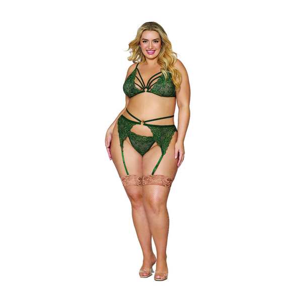 Metallic corded stretch lace 3pc setStrappy triangle cup bra with gold 0-ring in center/