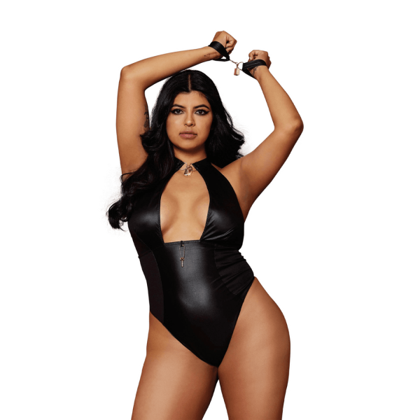 Stretch faux-leather halter teddy with padlock detailsHalter neck with adjustable hook  eye closure and functional padlock front closureOpen back with elastic cording lace-up grommet trimMatching wrist restraints with padlock detailKey included for padlocks/