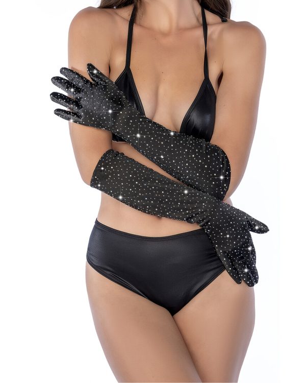 Satin Rhinestone Opera Gloves - One Size - Black/Rhinestone