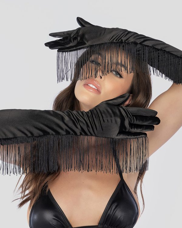 Satin Fringe Opera Gloves - One Size - Black