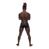 Sheer stretch mesh fabric with plush elastic trim.Matte onyx insert strip through center pouch and rear.Metallic printed satin branded label on rear waistband./