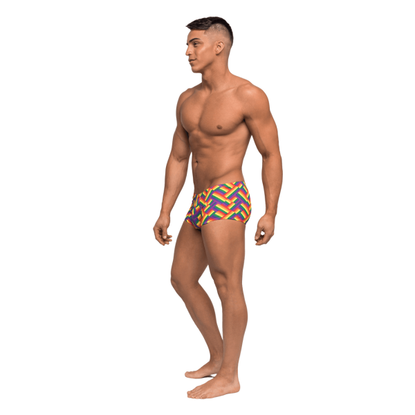 Multicolored festive rainbow print in a herringbone patternStretchy and breathableLightweight poly spandex/